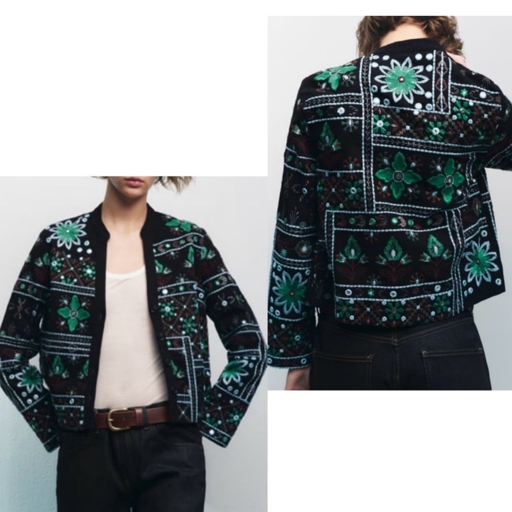 Zara Black and Green Embroidered Blouse